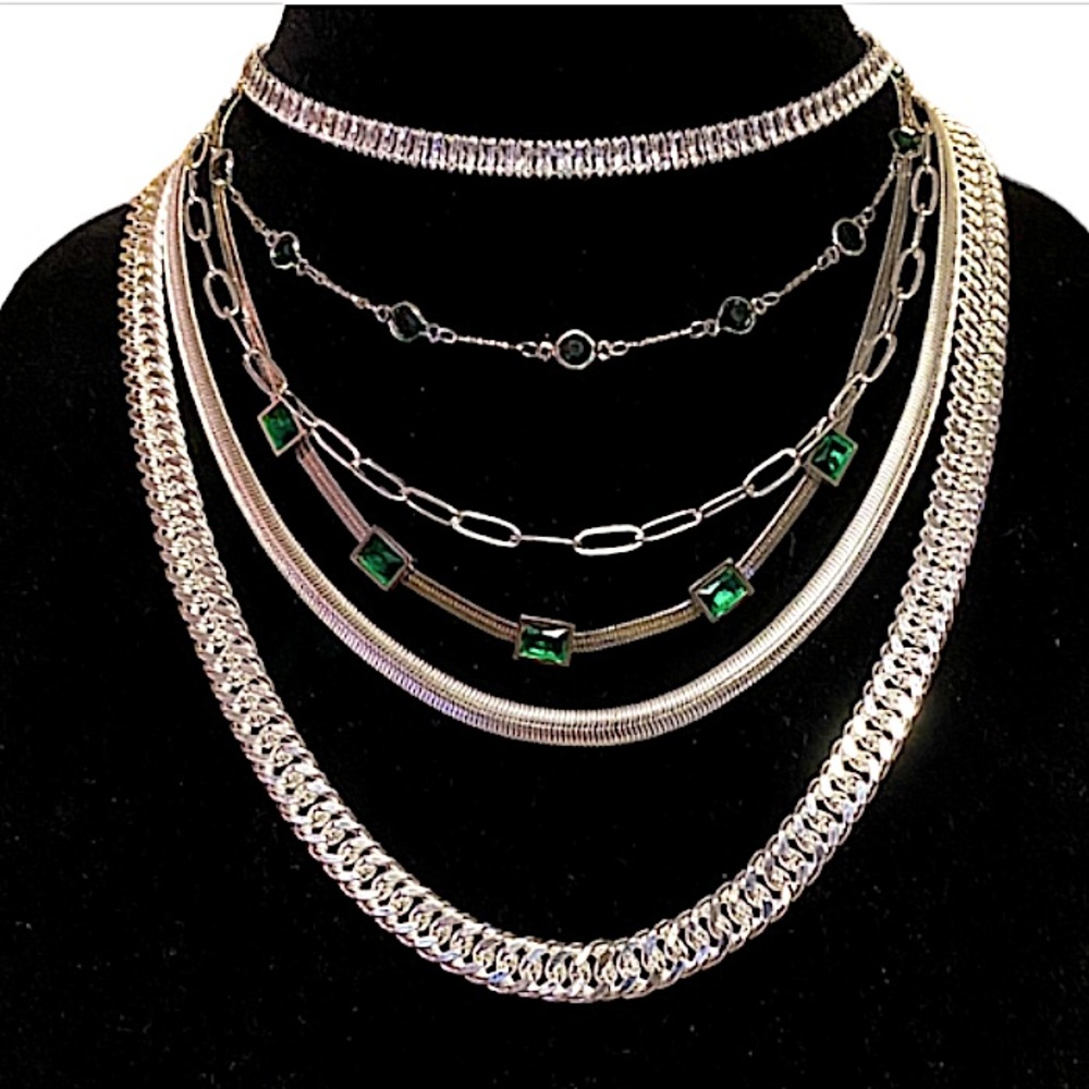 Handmade Sterling Silver Multilayer Chain Link Choker Emerald Necklace
